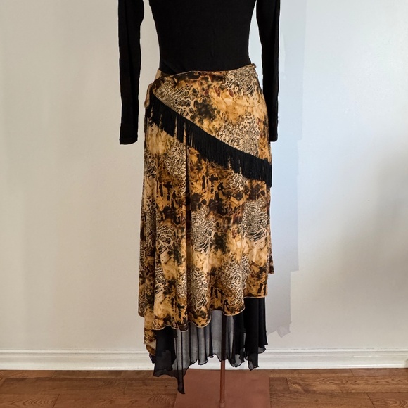 Frank Lyman - Black and Tan Asymmetrical Maxi Skirt with Animal Print and Fringe - Picture 1 of 10
